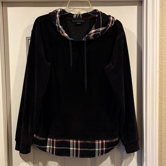 Sanctuary Black Hoodie with Plaid Accents soft velvet feel size L like new - Picture 2 of 6